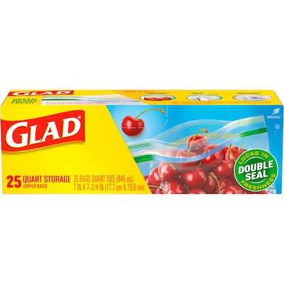 Glad Zipper Storage Bags, Quart, 25 Bags/Box (55052)