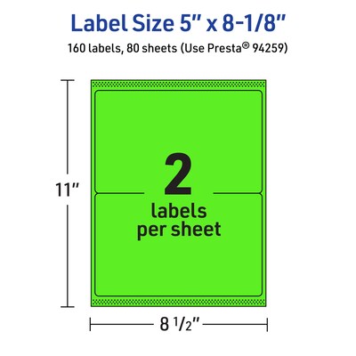 Avery Rectangle Multipurpose Labels, 5" x 8-1/8", Neon Green, 160/Box (94259)