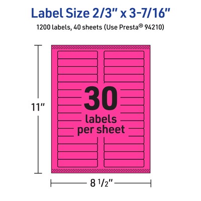 Avery Rectangle Laser/Inkjet Multipurpose Labels, 2/3" x 3-7/16", Neon Magenta (1200/Box)
