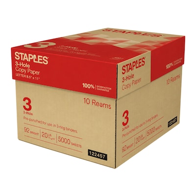 Staples 3-Hole Punch Copy Paper, 8.5 x 11, 20 lbs., 500 Sheets/Ream, 10 Reams/Carton (221192)