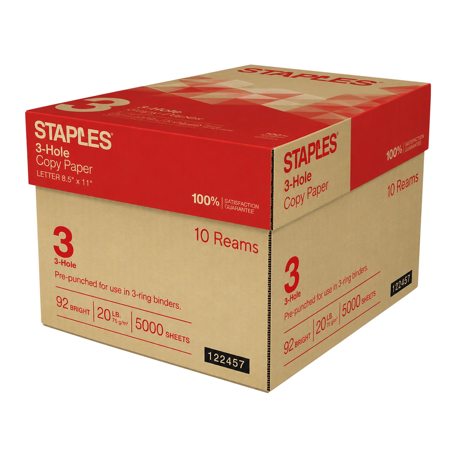 Staples 3-Hole Punch Copy Paper, 8.5 x 11, 20 lbs., 500 Sheets/Ream, 10 Reams/Carton (221192)