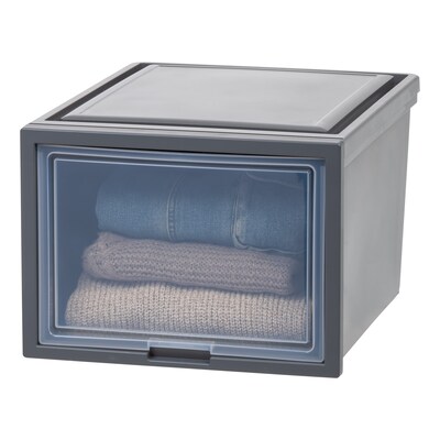 Iris Plastic Storage Bin With Sliding Door, Gray (500110)