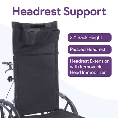 ProHeal Chariot Reclining 24 Wheelchair, Headrest Support w/ Removable Full Arms, 450 lb. Capacity,