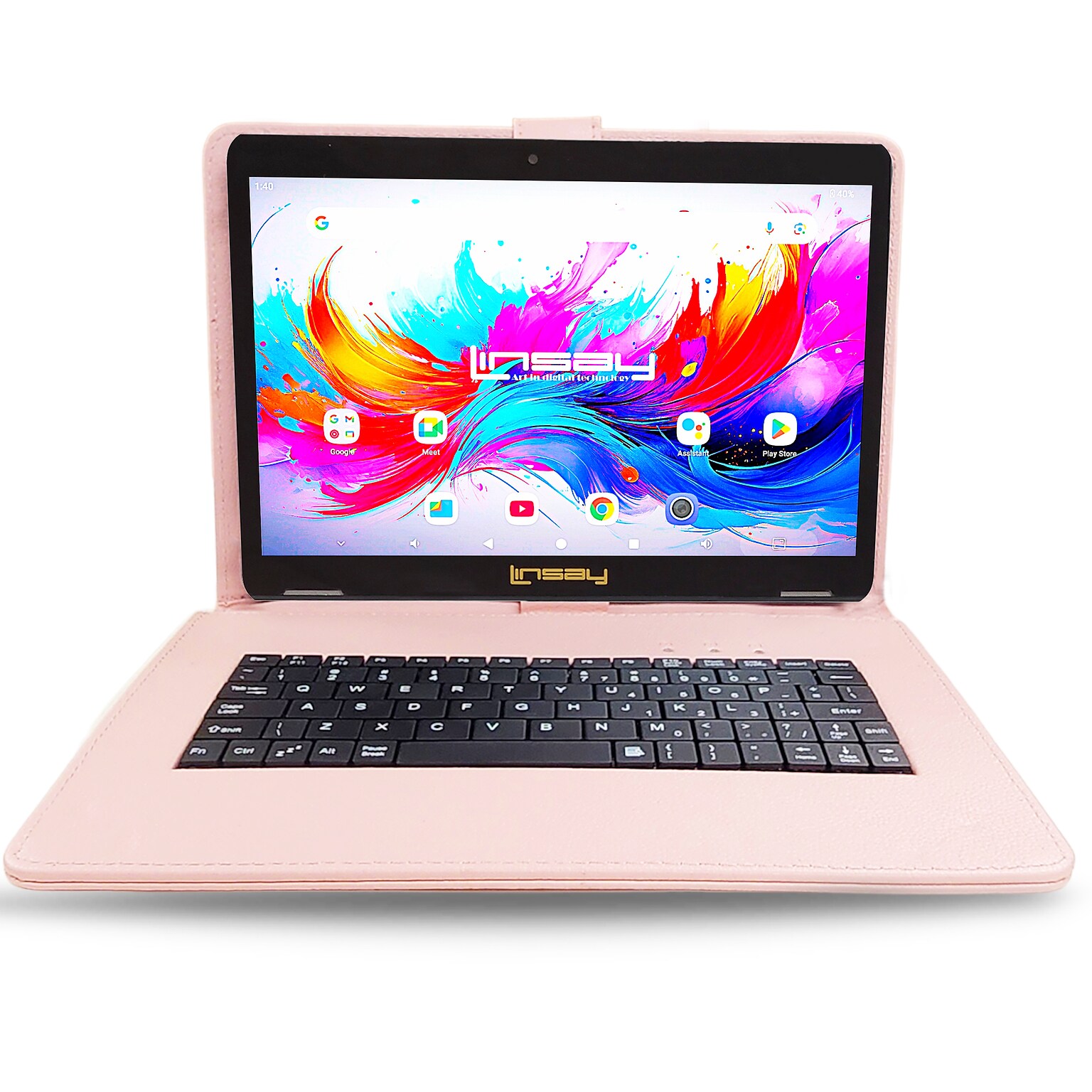 Linsay F10 Series 10.1 Tablet, Wi-Fi, Octa Core, 256GB eMMC, Android 15, with Pink Keyboard Case (F10IPGKEYPINPLUS)