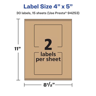 Avery Laser/Inkjet Rectangle Multipurpose Labels, 4" x 5", Kraft Brown, 30 Labels/Pack ( 94253)