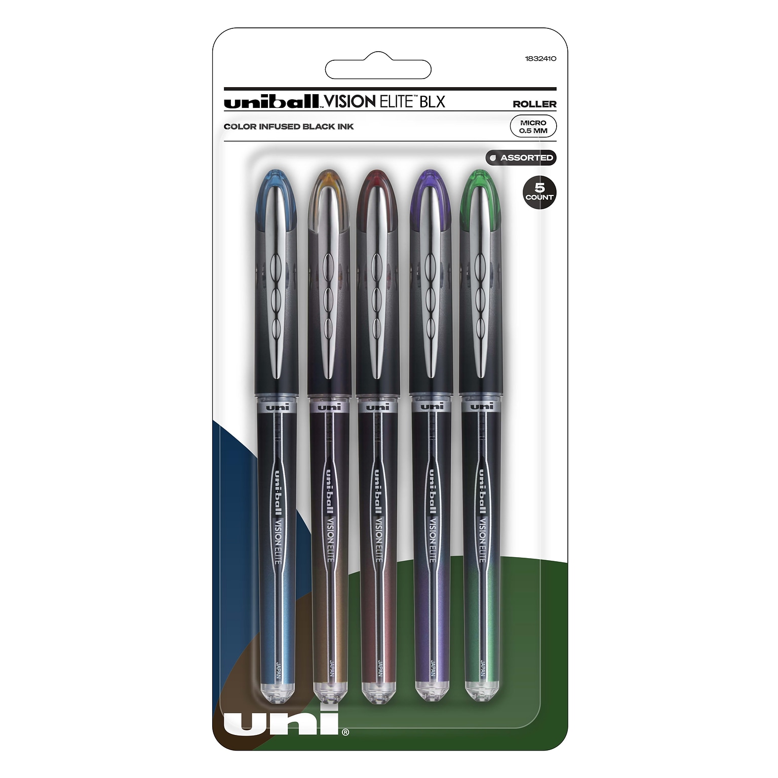 uniball Vision Elite BLX Rollerball Pens, Micro Point, 0.5mm, Assorted Ink, 5/Pack (1832410)