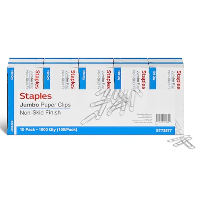 Staples® Jumbo Paper Clips, Nonskid, 100/Box, 10 Boxes/Pack (A7026606/72577)