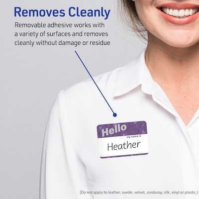 Avery Adhesive Name Tags, Pre-printed Purple & Silver Hello Design