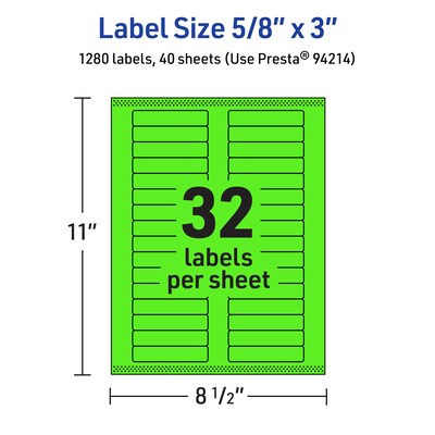 Avery Laser/Inkjet Multipurpose Rectangle Labels, 5/8" x 3", Neon Green, 1280/Pack (94214)