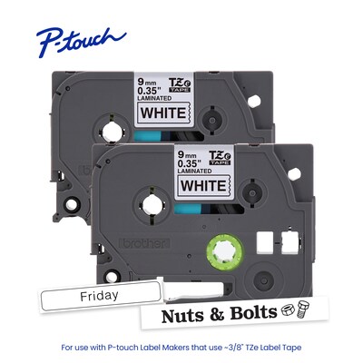 Brother P-touch Laminated Label Tape, 3/8" x 26.2', Black on White, 2/Pack (TZe2212PK)