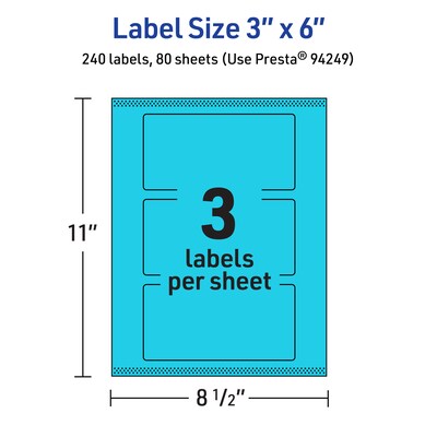 Avery Laser/Inkjet Multipurpose Rectangle Labels, 3" x 6", Bright Blue, 240/Box (94249)