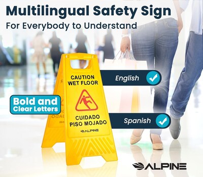 Alpine Industries 24 in. A-Frame Multilingual Caution Safety Wet Floor Sign, Yellow, 10 Pack (ALP499-10)