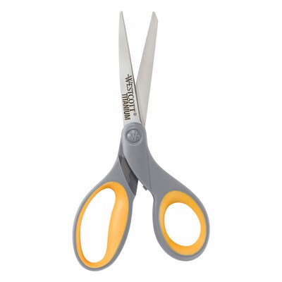 Westcott Titanium Bonded Scissors, 8 Long, 3.5 Cut Length, Gray/Yellow Straight Handle, 3/Box