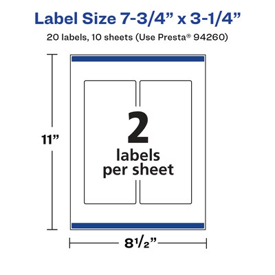 Avery Laser/Inkjet Rectangle Multipurpose Labels, 3.25"  x 7.75", Glossy White, 20/Pack (94260)