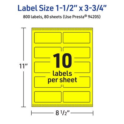 Avery Laser/Inkjet Rectangle Multipurpose Labels, 1.5" x 3.75", Neon Yellow, 800/Box (94205)