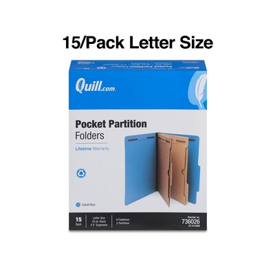 Quill Brand® 2/5-Cut Pressboard Classification Folders with Pockets, 2 Partitions, 6-Fasteners, Letter, Blue, 15/Box (736026)