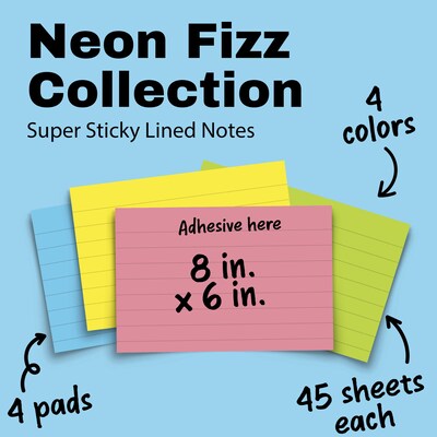 Post-it Super Sticky Notes, 8 x 6, Neon Fizz Collection, Lined, 45 Sheet/Pad, 4 Pads/Pack (6845-SSPL)