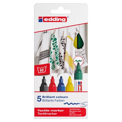 edding 4500 Series Water Based Textile Marker, Fine Bullet Tip, Assorted Basic Colors, 5/Pack (EDD445005S)