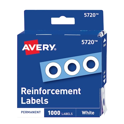 Avery Self-Adhesive Plastic Reinforcement Labels in Dispenser, 1/4 Diameter, Matte White, 1000/Pack