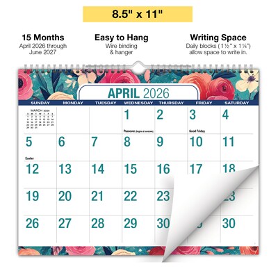 2026-2027 Excello Brands 8.5" x 11" Academic Monthly Wall Calendar, Teal Floral (NAY27-8511WC-17)