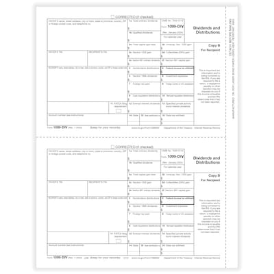 ComplyRight 2024 1099-DIV Tax Form, 1-Part, 2-Up, Recipient Copy B, 50/Pack (513150)