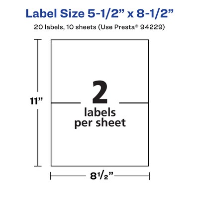 Avery Laser/Inkjet Multipurpose Labels, 5 1/2" x 8 1/2", White, 2 Labels/Sheet, 10 Sheets/Pack (94229-WMF10)