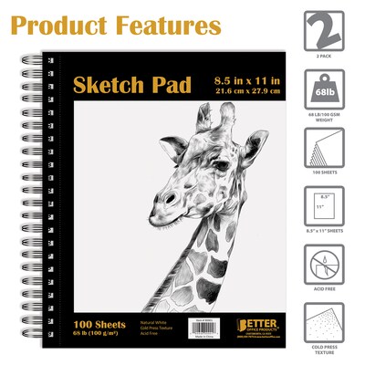 Better Office Products Sketch Paper Pads,  8.5 x 11, Natural White Paper, 100 Sheets/Pad (01303-2P