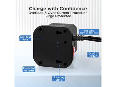 Uncaged Ergonomics Cube 4-Outlet 4-USB Port Surge Protector, 10', Black (WC-10-b)