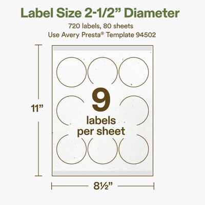 Avery Hemp Round Laser/Inkjet Multipurpose Labels, 2-1/2" Dia, Off-White (720/Box)