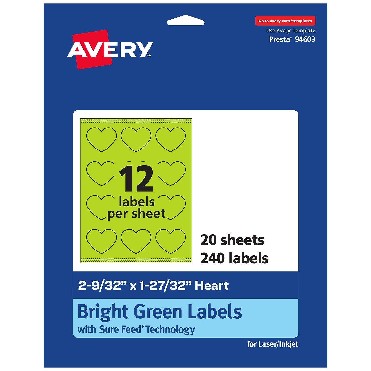 Avery Printable Heart Shaped Multipurpose Labels, 2-9/32 x 1-27/32, Bright Green, 240/Pack (94603)