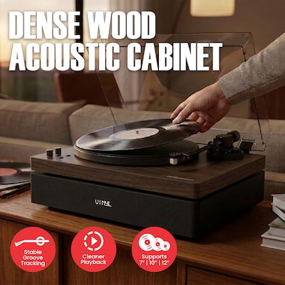Audiosource AT33 Belt Drive turntable with 2.1 channel 120 watt Bluetooth Speakers, Walnut Woodgrain (AT3345WW)