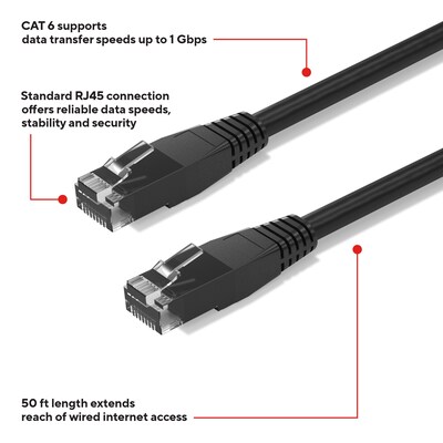 Staples TECH 50 ft. Cat-6 Ethernet Cable, Male to Male, Black, 10/Pack (ST62459)