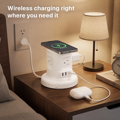 Uncaged Ergonomics USB-C Wireless 6 ft. Retractable Power Strip with 15W Wireless Charger, 4-Outlet, White (WRPS-2-White)