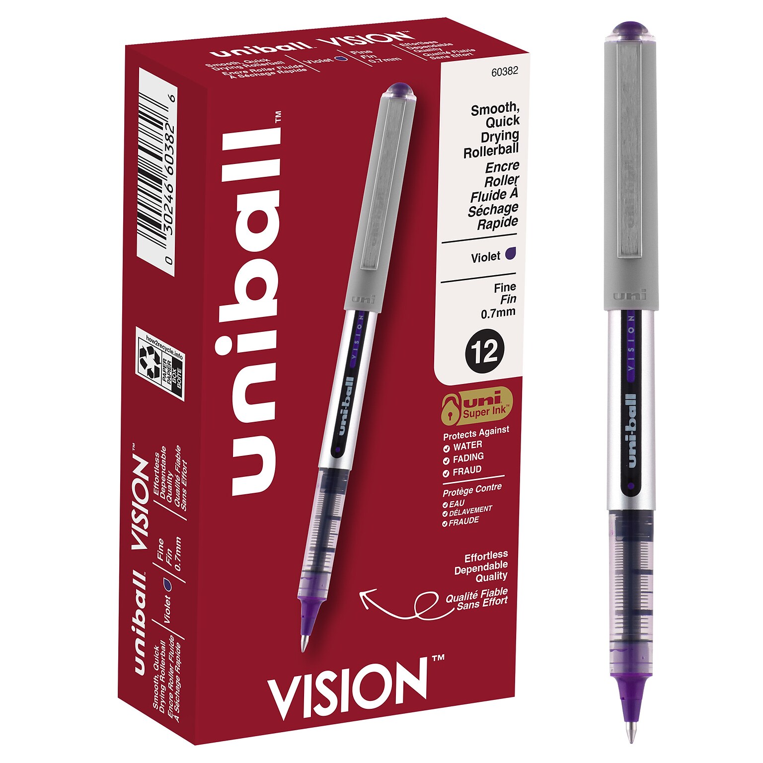 uni-ball Vision Rollerball Pens, Fine Point, Violet Ink, Dozen (SAN60382)