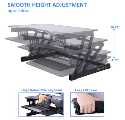 Rocelco 32"W 5"-17"H Height Adjustable Standing Desk Converter, Sit Stand Up Dual Monitor Riser, Black (R ADRB)