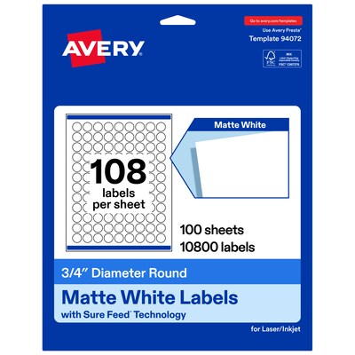 Avery Round Laser/Inkjet Multipurpose Labels, White, 108 Labels/Sheet, 100 Sheets/Pack (19479311269)
