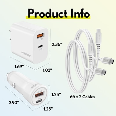 Overtime 38W Wall Charger and Car Charger with Two 6-Foot USB-C to USB-C Cables Bundle, White (OHC6TCX2)