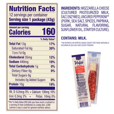 Volpi Roltini Singles, Uncured Pepperoni & Mozzarella, 1.5 oz, 24/Pack (220-02486)