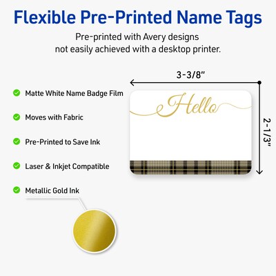 Avery Adhesive Name Tags, Pre-printed Plaid Gold Hello Design