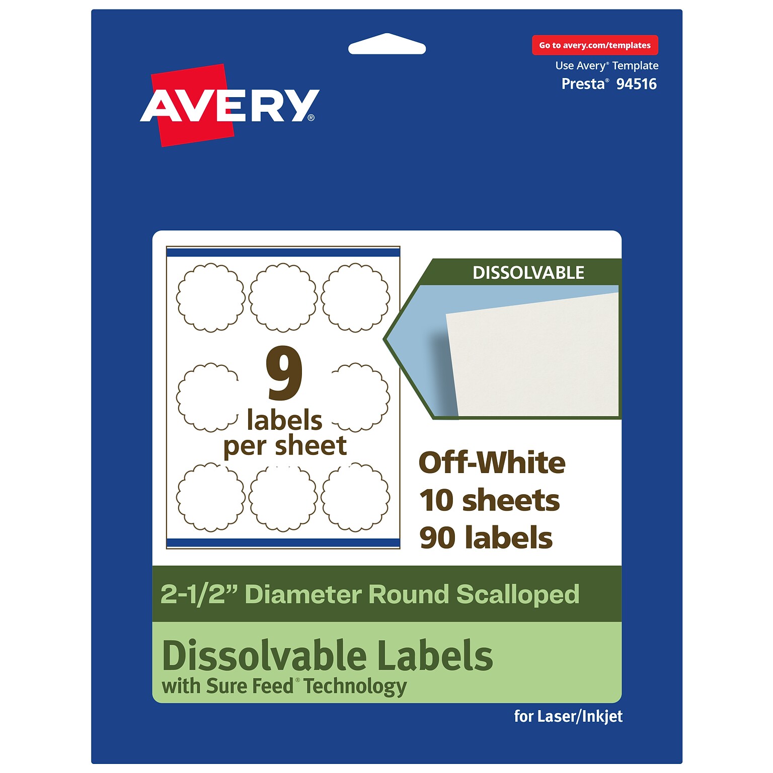 Avery Dissolvable Decorative Edge Multipurpose Labels, 2.5 Dia., Off-white, 90/Pack (94516)