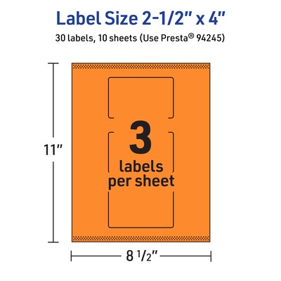 Avery Laser/Inkjet Multipurpose Rectangle Labels, 2.5" x 4", Bright Orange, 30/Pack (94245)