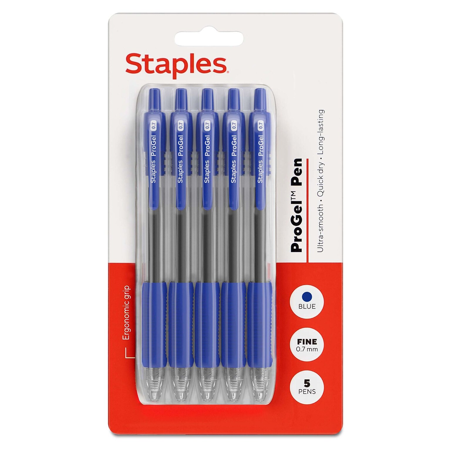 Staples ProGel™ Retractable Gel Pen, Fine Point, 0.7mm, Blue Ink, 5/Pack (ST62099)