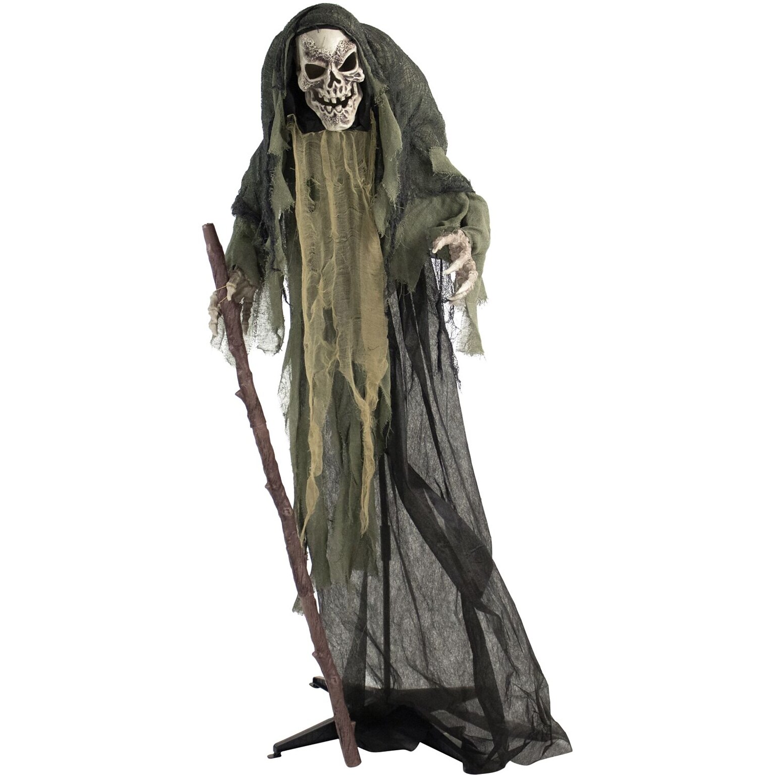 Haunted Hill Farm Life-Size Animatronic Skeleton Reaper Holding Staff (HHSKEL-7FLSA)