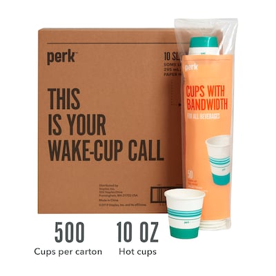 Perk 10 Oz Paper Hot Cups, 500 Count Bulk Disposable Coffee Cups for Hot Beverages, White/Teal