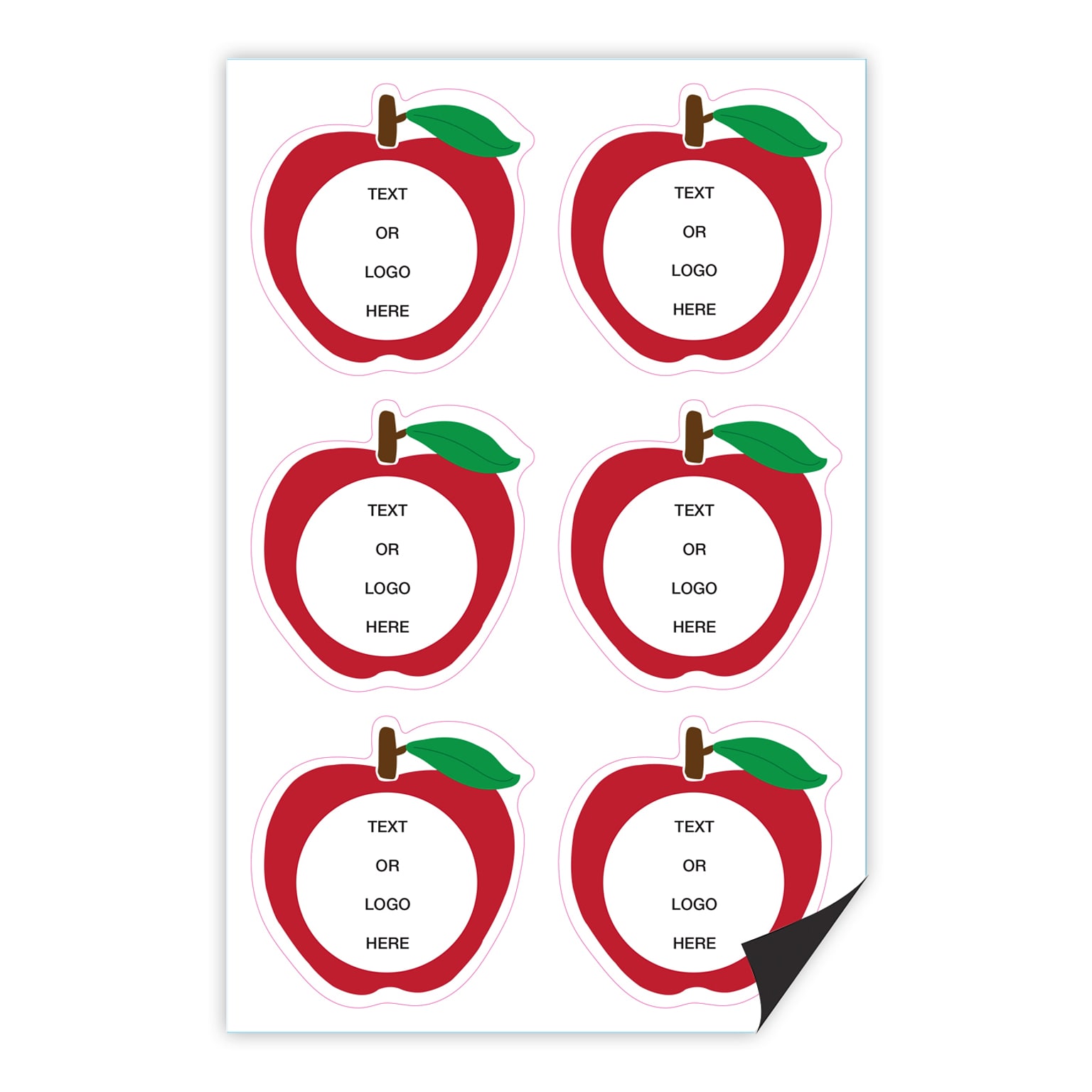 Custom Full Color Apple Shaped Magnets, 30 mil. Magnetic stock, 6-Perforated Magnets per Sheet, 3 x 3