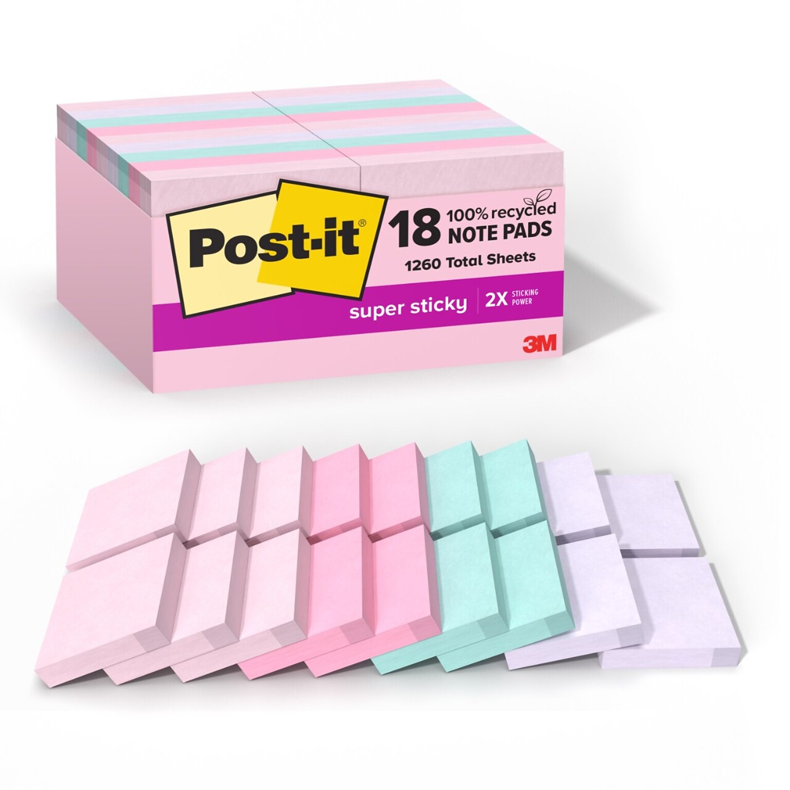 Post-it Recycled Super Sticky Pop-up Notes, 1 7/8 x 1 7/8, Wanderlust Pastels Collection, 70 Sheet/Pad, 18 Pads/Pack