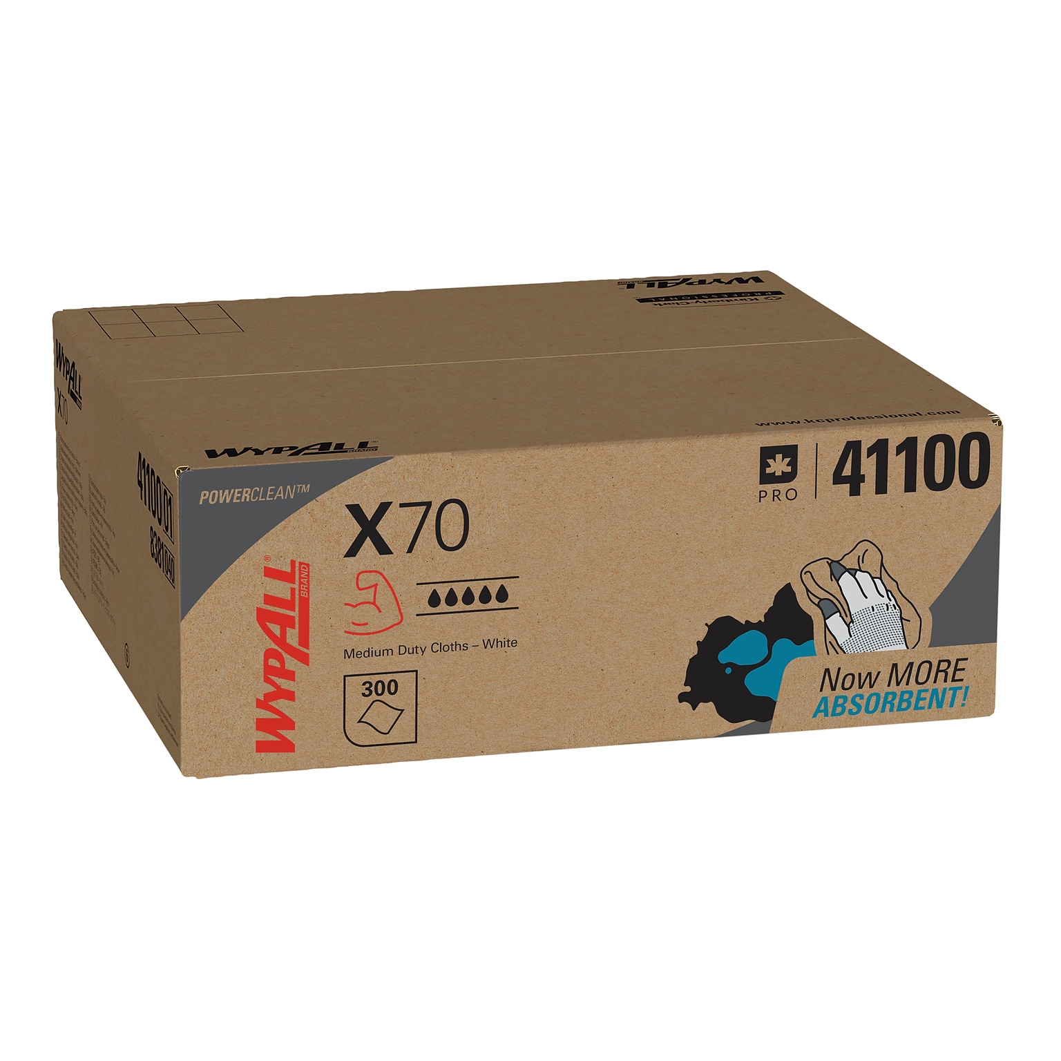 WypAll PowerClean X70 Cloths, 14.9 x 16.6, White, 300 Sheets/Box (41100)