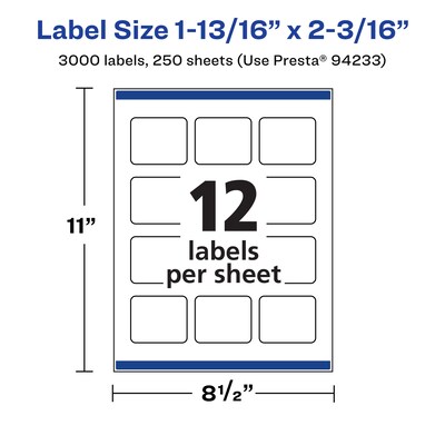 Avery Laser/Inkjet Multipurpose Labels, 2.1875"  x 1.8125", Matte White, 3000/Box (94233)