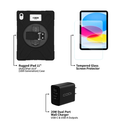 CODi Rugged iPad 11 (A16)/iPad 10.9 (10th Generation) Case, Screen Protector & 20W Dual Port Wall Charger (TK000002)