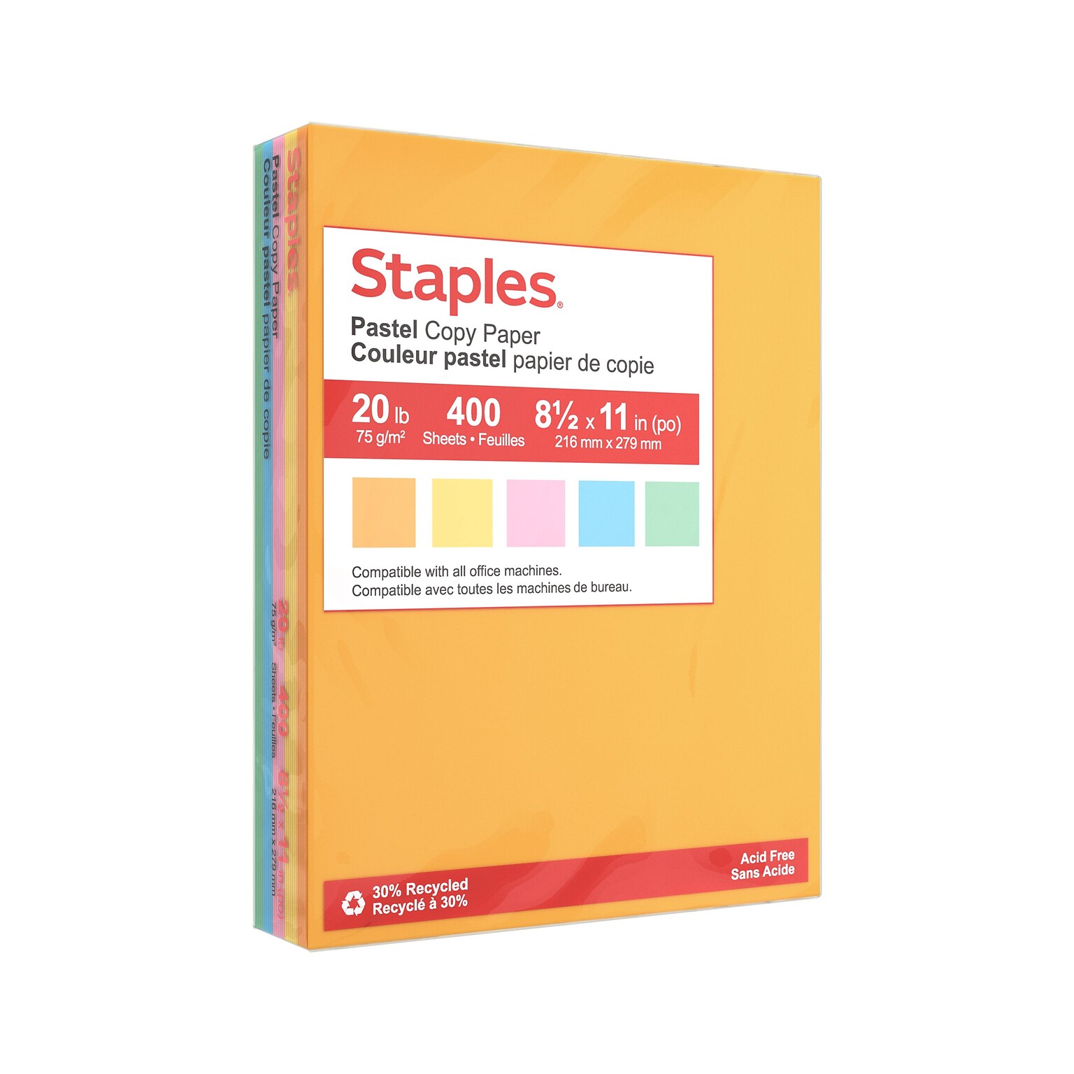 Staples Recycled Pastel Multipurpose Paper, 20 lbs., 8.5 x 11, Assorted Colors, 400 Sheets/Ream (14804)